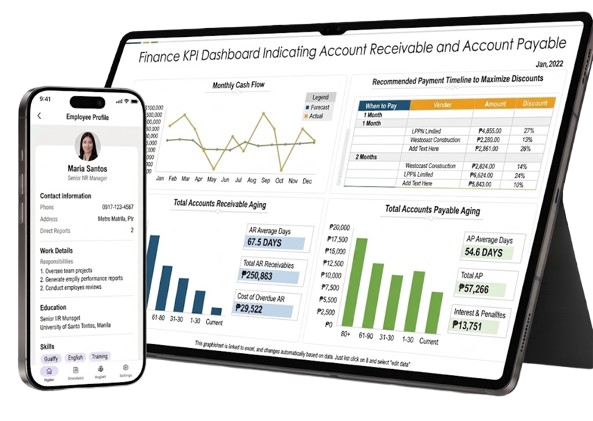 ERP finance dashboard displayed on a tablet and employee profile on mobile